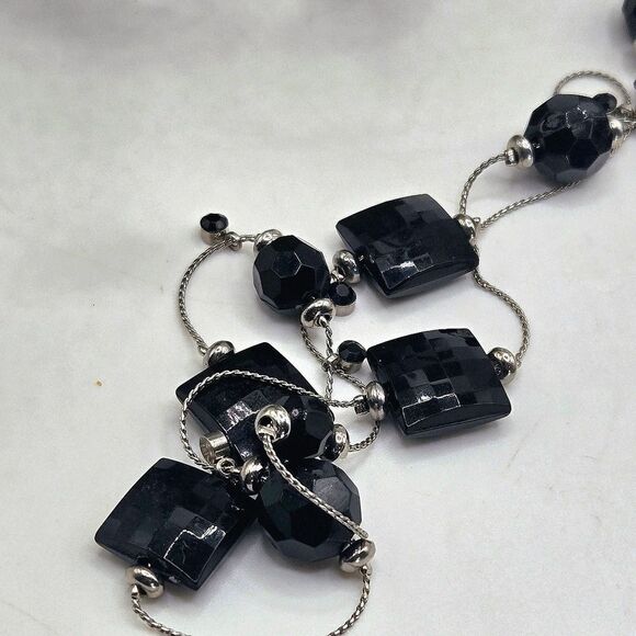 "5/$25" Long Silvertone Black Faceted Acrylic Bead Station Adjustable Necklace - Picture 2 of 7